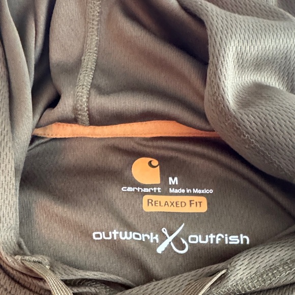 Carhartt Olive Hoodie with Vibrant Orange Sleeve Design - Picture 4 of 4